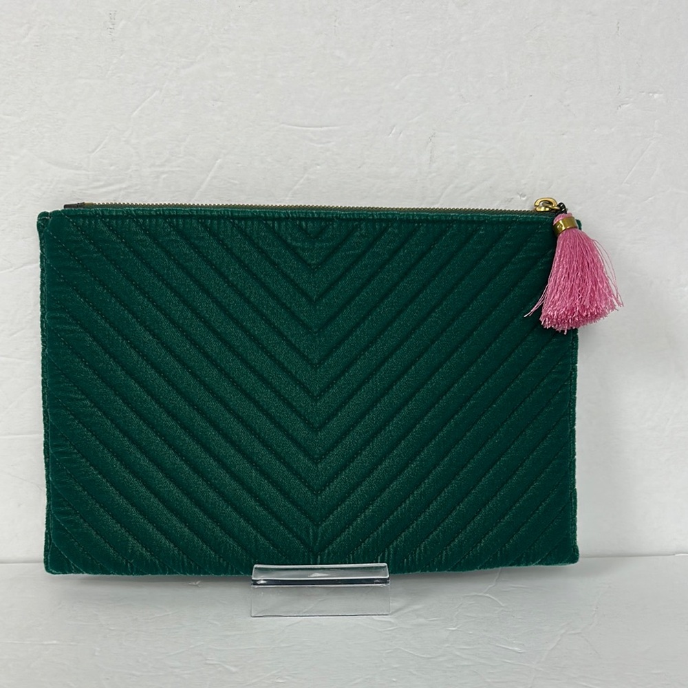 J. Crew Green Quilted Cosmetic Bag with Pink Tassel